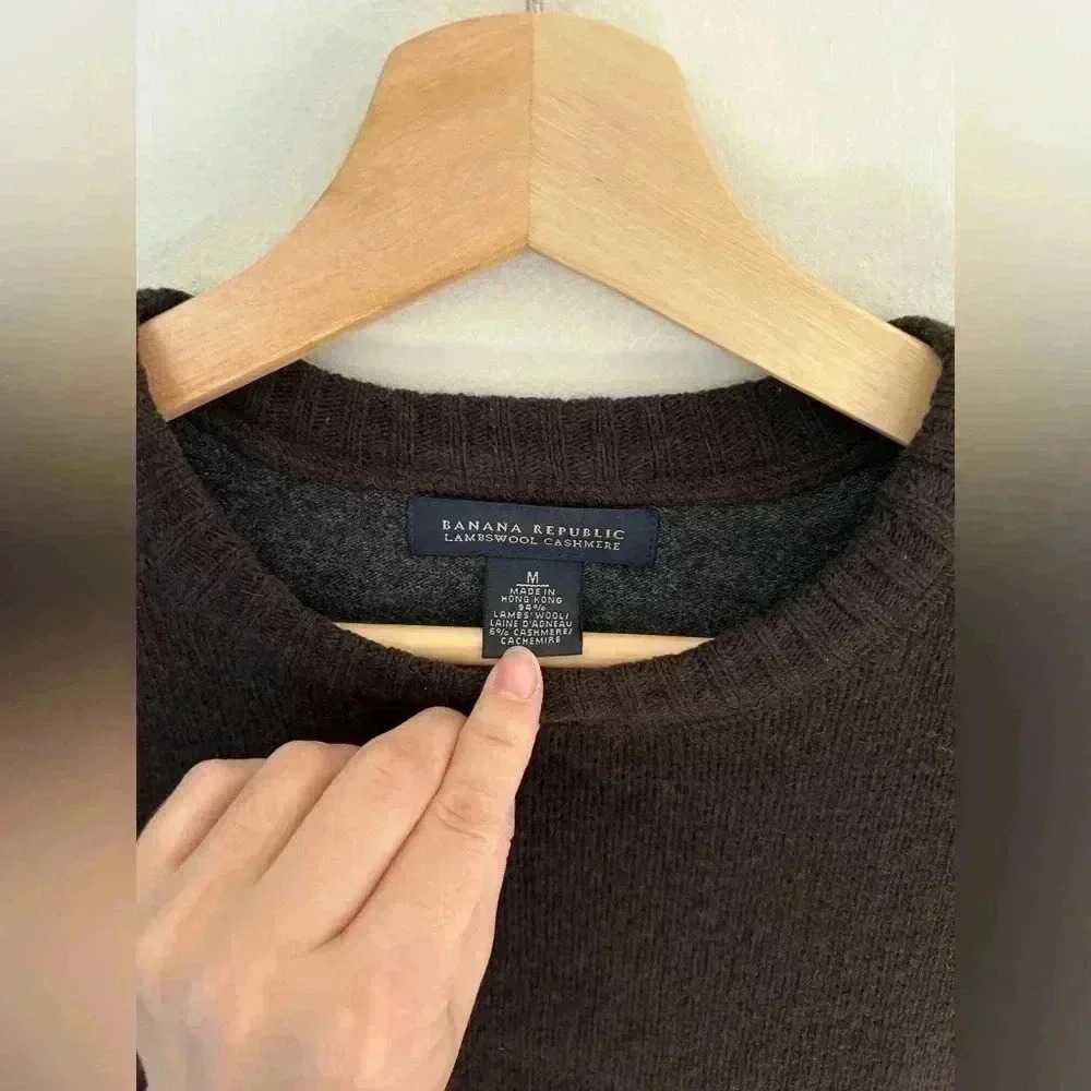 BANANA REPUBLIC WOOL CASHMERE Brown Crew neck elbow patch sweater M - Picture 6 of 10
